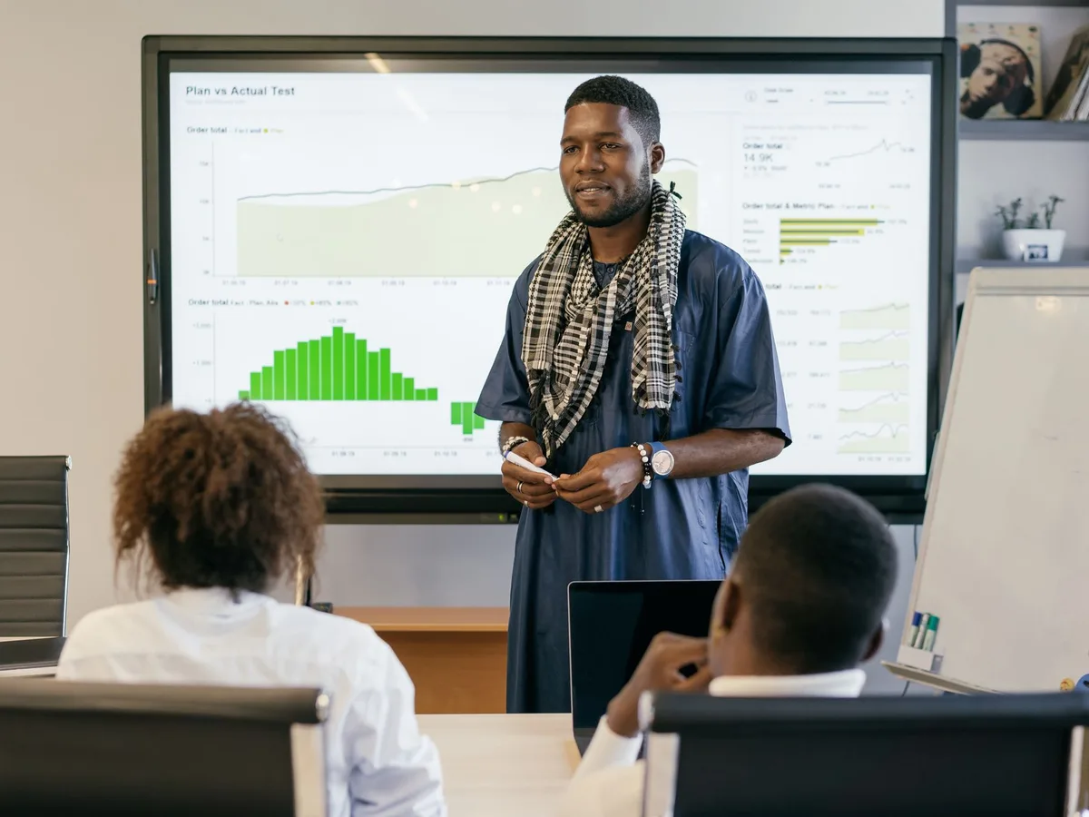 A presenter sharing a growth chart with his team